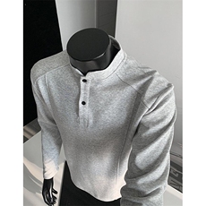 抖音得物品质美式高街重磅曼巴棉拼接cleanfit亨利领卫衣长袖T恤，男装T恤，电商A486-1