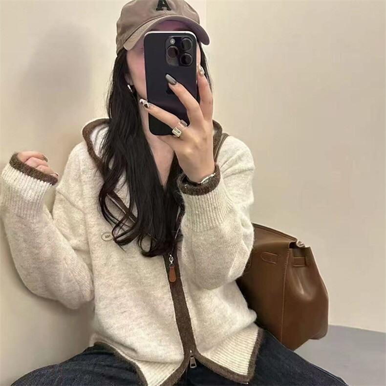 毛衣女极简风高领针织开衫女秋冬宽松大码毛衣外套短款上衣,针织衫/毛衣,暖姿羊绒
