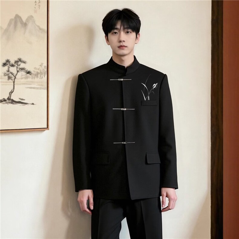 潮牌黑色新中式西装男士春秋风中山装立领西服外套套装,男装西服套装,星座601-1