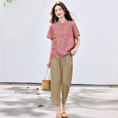 长期现货2026夏装新款时尚两件套装女提花新中式衬衫T小脚腿裤女，女装套装/套裙，璐依舞