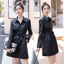 皮衣外套女春秋2023新款时尚潮流收腰气质修身显瘦长款皮衣风衣潮，女装皮衣，缘衣格