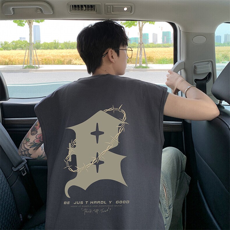 美式印花无袖t恤背心,男装T恤,电商A486