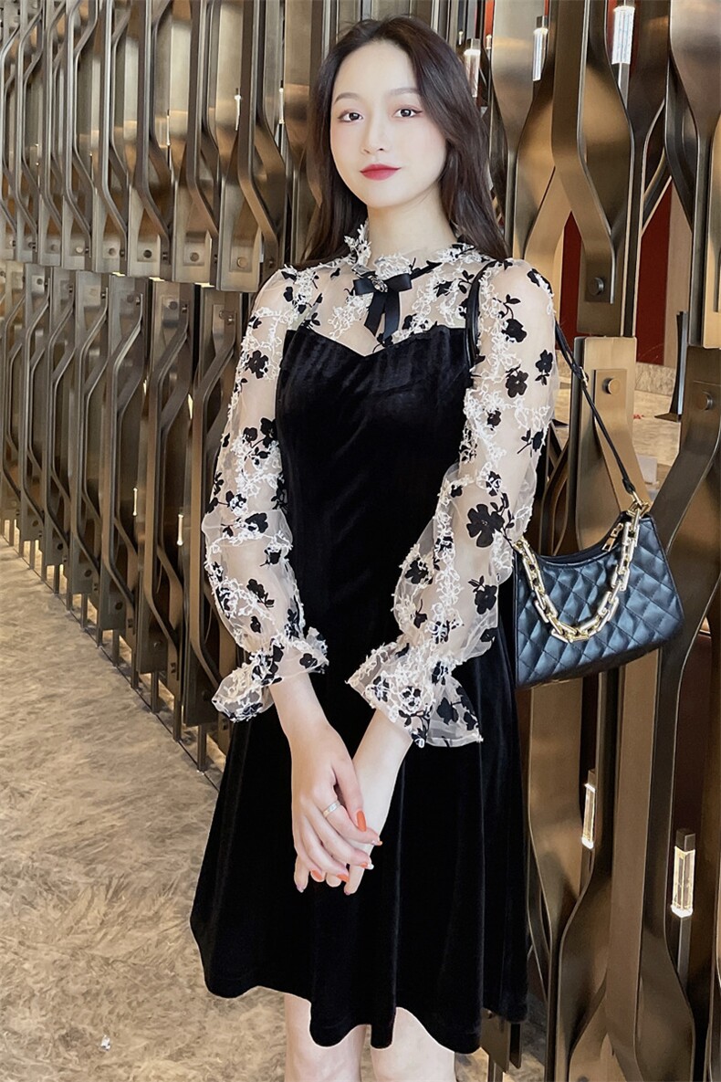 2021春季新款时尚优雅气质花边领拼接显瘦连衣裙,女装连衣裙,深水步