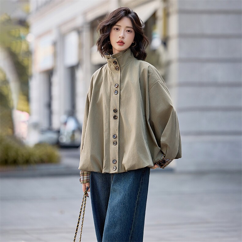 水衣源2796款灯笼外套女咸菜绿立领格子拼接洋气一手长风衣,女装风衣,水衣源