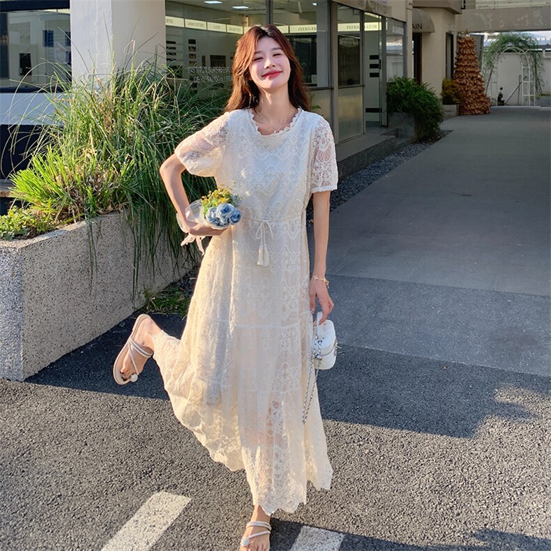 米白色温柔风蕾丝连衣裙女2025年夏季新款今年流行法式气质茶歇裙,女装连衣裙,2C317A