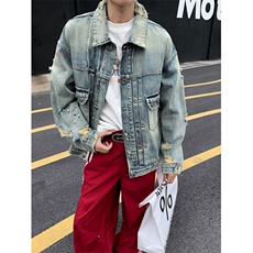 美式高街机车牛仔外套男款水洗做旧潮牌宽松休闲拉链夹克，男装夹克，星座716-3