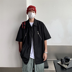 S2030-P38美式嘻哈风冰丝设计感拉链五分袖衬衫，男装衬衫，星座1501-1