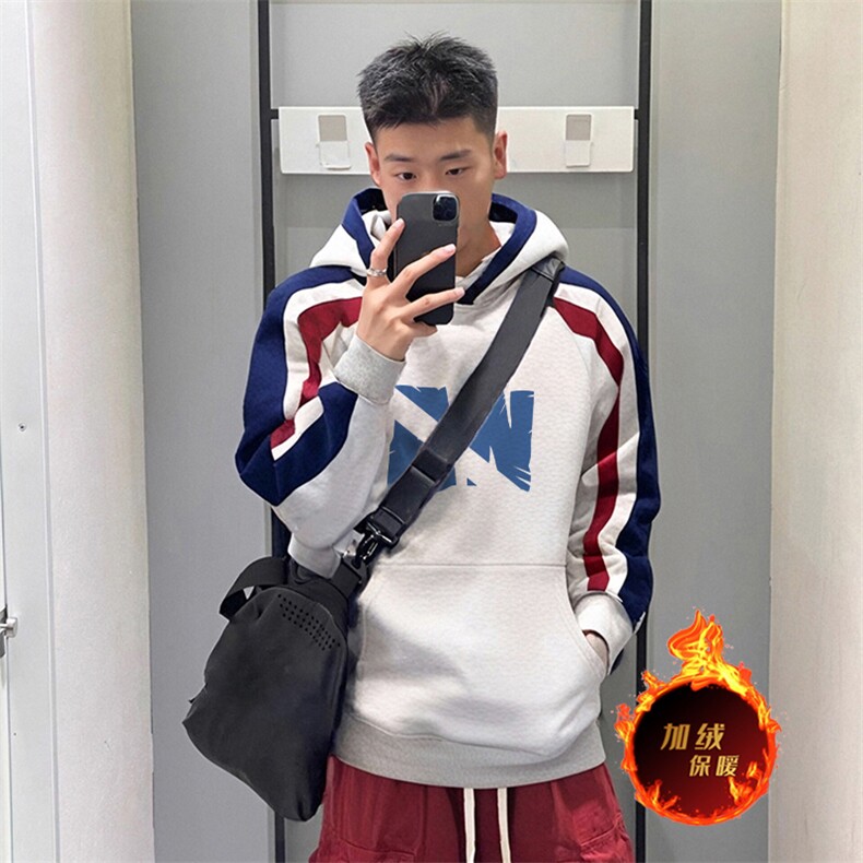 抖音得物供货提供视频秋冬重磅美式宽松接拼连帽卫衣3262,男装卫衣,电商A486