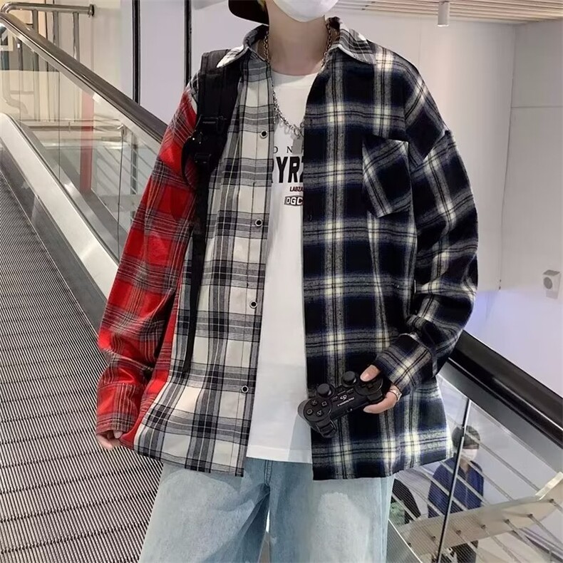 春夏季新款潮流慵懒男方领宽松型拼接格子长袖衬衫AC102P35,男装衬衫,星座1116-2