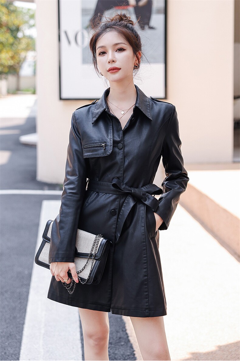 2024春季女装新款大量现货时尚潮流显瘦气质收腰中长款风衣式皮衣,女装皮衣,魅衣本色