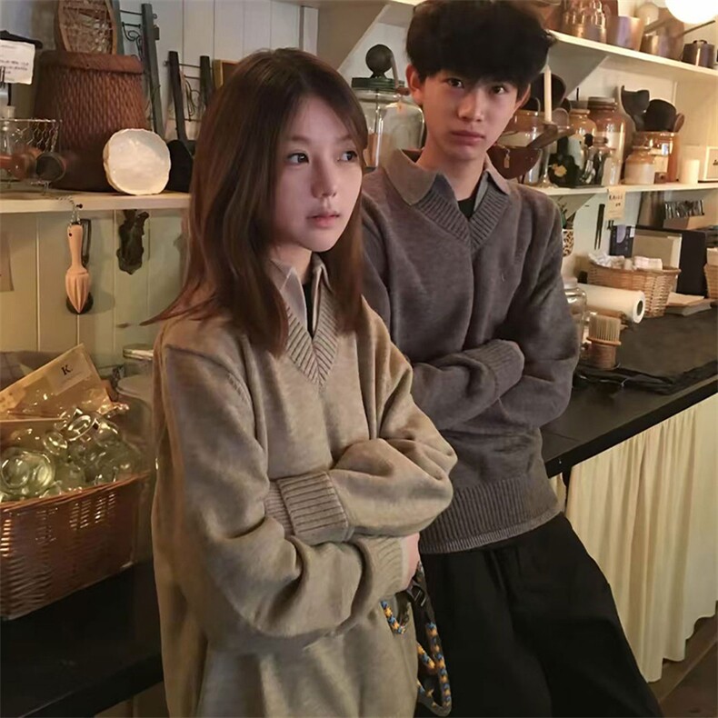 假两件v领毛衣男女款秋季老钱风高级感情侣卫衣慵懒风针织打底衫,男装针织衫/毛衣,四季星座505