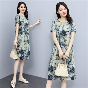 棉麻碎花连衣裙女2026新款夏薄款短袖中长款宽松遮肚显瘦亚麻裙子图片