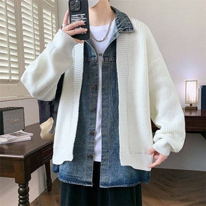 84873-特P78港风宽松针织开衫毛衣男外套牛仔拼接假两件外套图片