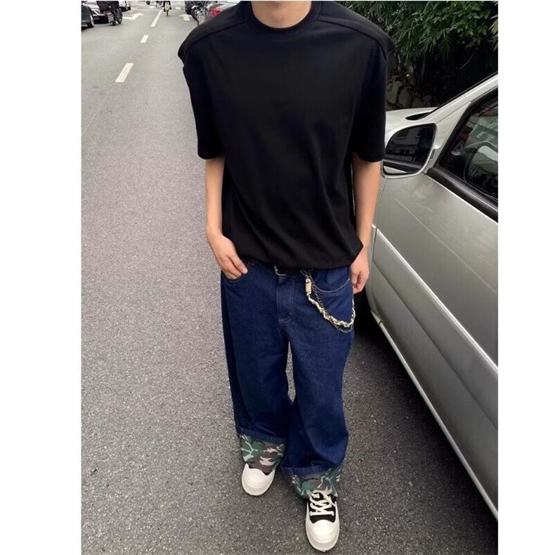 迷彩翻边阔腿牛仔裤男春秋美式复古宽松计感牛仔裤子GT84-p48,男装牛仔裤,星座1001-1