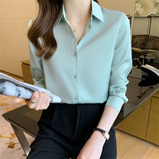 春季仿真丝醋酸缎面衬衫长袖设计感小众上衣职业衬衣，女装衬衫，美吧服饰