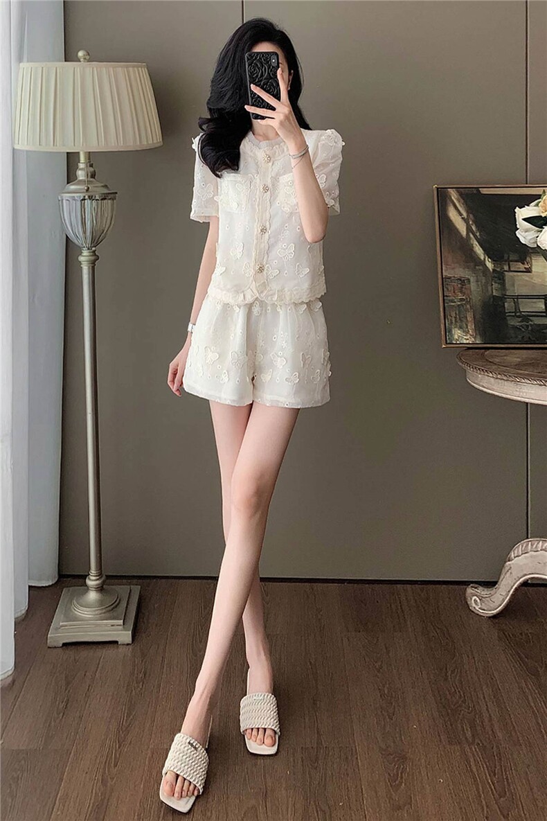 女夏新款小香风时尚减龄套装欧货精致提花刺绣圆领上衣短裤两件套,女装套装/套裙,江南