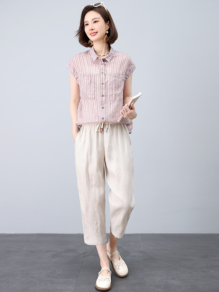 时尚套装女2025年新款夏装搭配一整套洋气减龄妈妈棉麻裤子两件套,女装套装/套裙,江忆布依