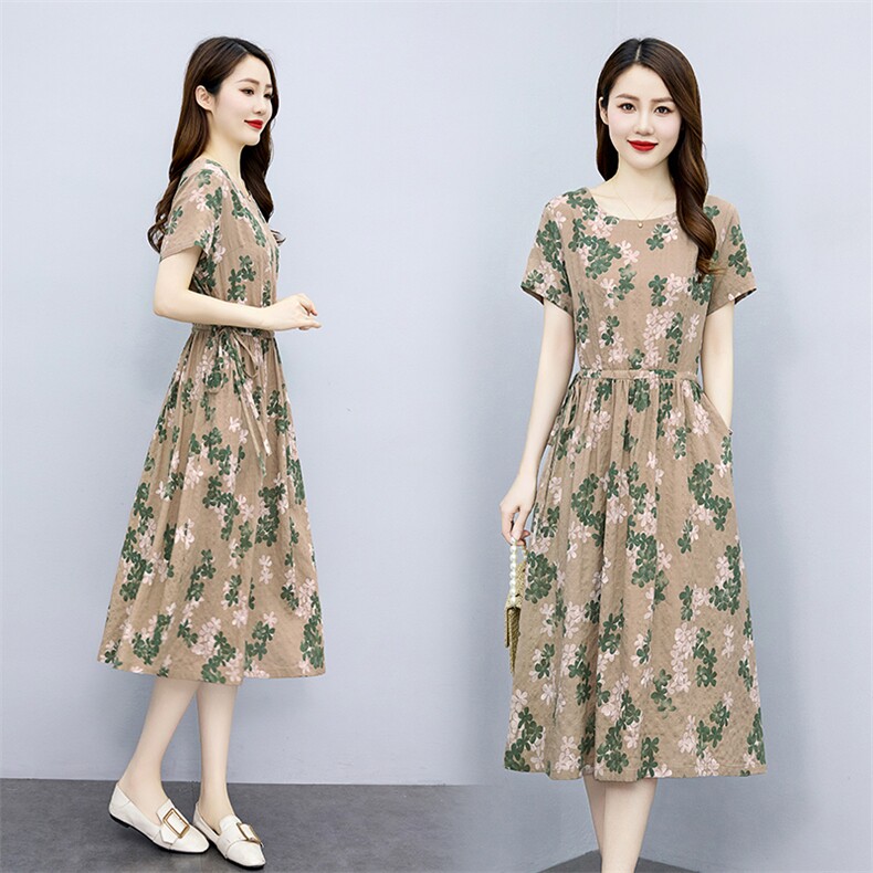 时尚印花连衣裙女夏季2025新款气质收腰显瘦复古休闲舒适棉麻裙子,女装连衣裙,倪叶myz