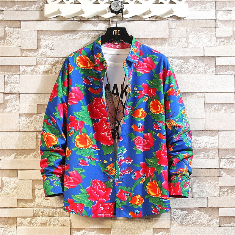 东北花衬衫男长袖风复古l礼服外套潮牌宽松上衣8018特P30,男装衬衫,电商A056
