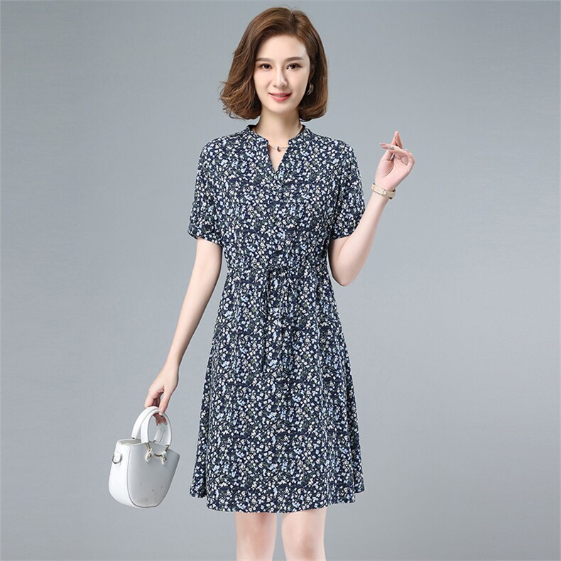 2021夏装新款碎花连衣裙半开领抽绳可调节印花中长款短袖裙子,女装连衣裙,伊满意