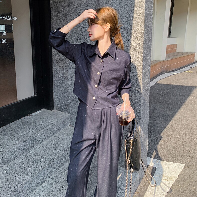 新款撒银衬衫领上衣+阔腿裤两件套腰带2C050-1225-P175K258,女装套装/套裙,2C050