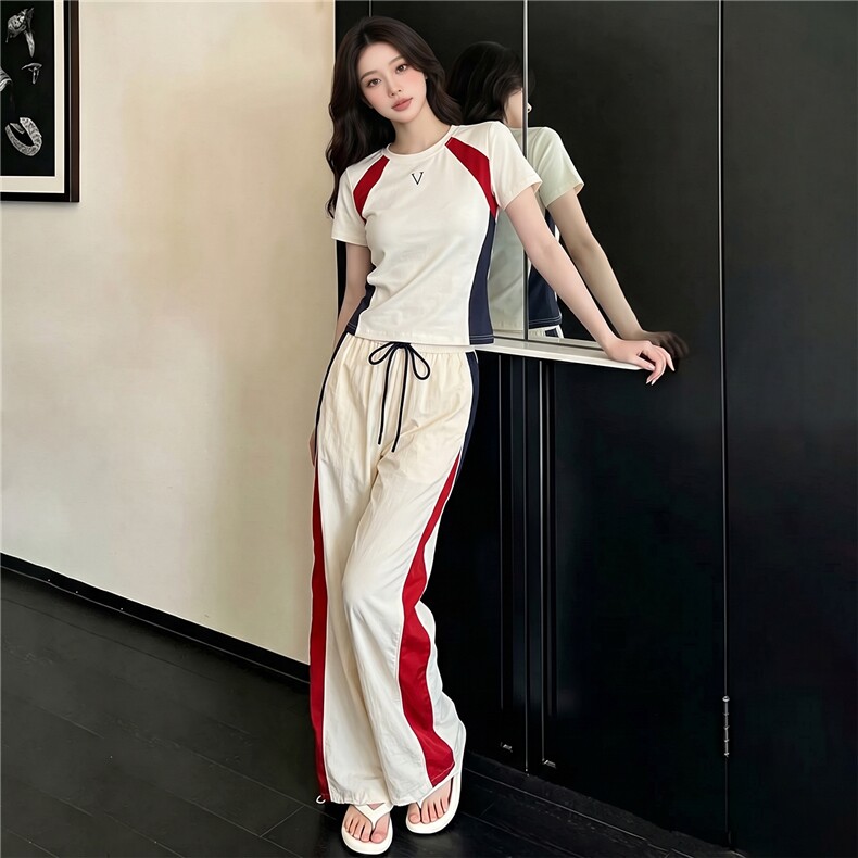韩版时尚休闲套装女夏季新款高级感圆领撞色拼接上衣阔腿裤两件套,女装套装/套裙,江南