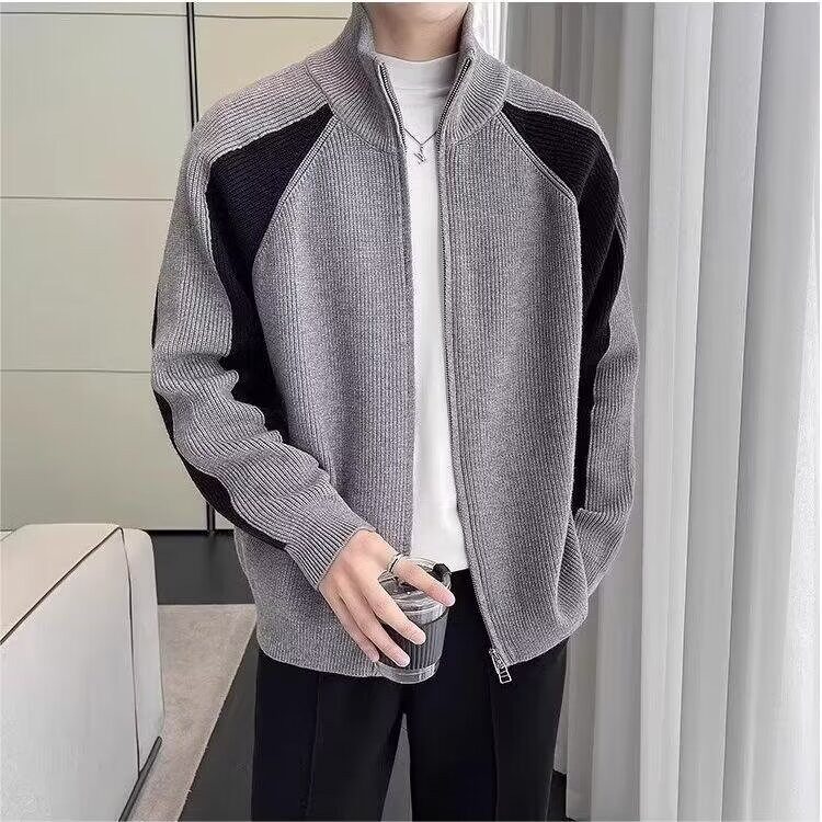 8228-P66慵懒风宽松撞色针织开衫毛衣秋冬季简约新款百搭外套,男装T恤,电商B323A