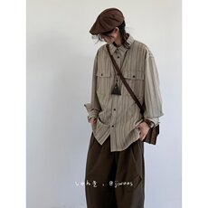 春秋日系复古竖条纹衬衫男女百搭宽松休闲学院风长袖衬衣C17-P47，男装衬衫，星座308B-2