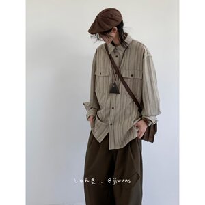 春秋日系复古竖条纹衬衫男女百搭宽松休闲学院风长袖衬衣C17-P47图片