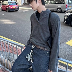 深灰色树枝肌理感亨利领长袖T恤男款秋季cleanfit卫衣设计感内搭，男装针织衫/毛衣，电商B323A