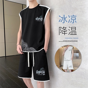 无袖背心男短袖T恤套装大码五分短裤两件套217-2-TZ07-特P50图片