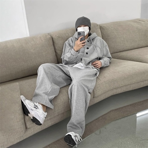 套装灰色连帽衫外套男排扣开衫卫衣cleanfit小众上衣W6804-P88图片