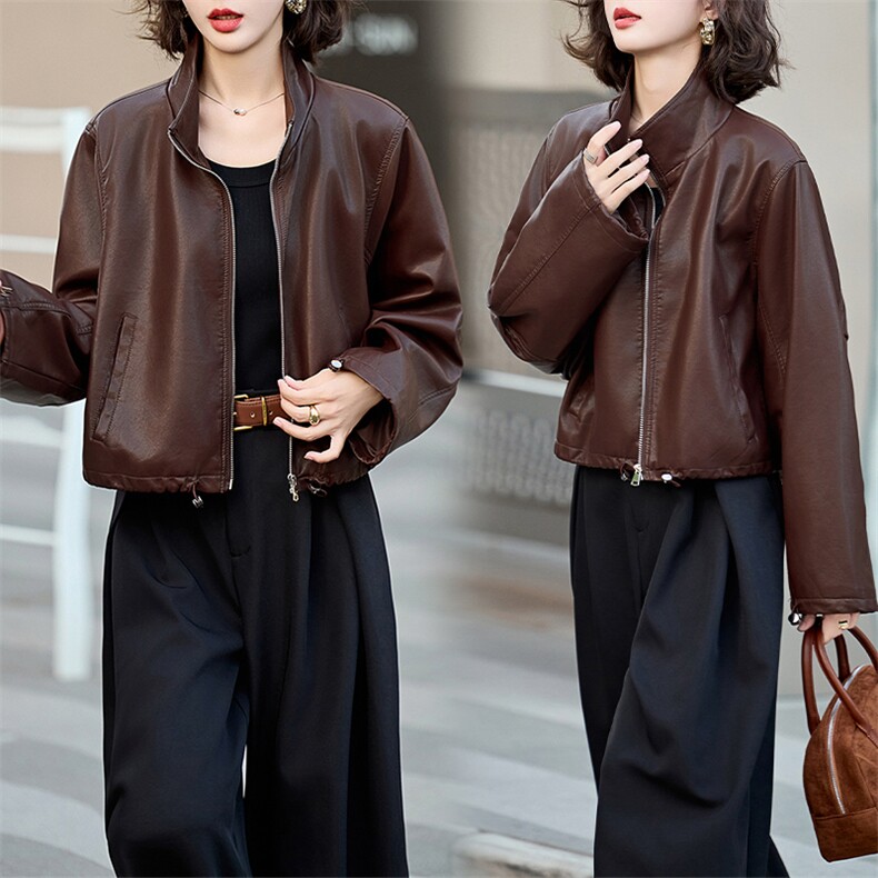 皮衣外套女2024秋季新款小个子高级感休闲短款美拉德棕色机车夹克，女装皮衣，跑量工厂店