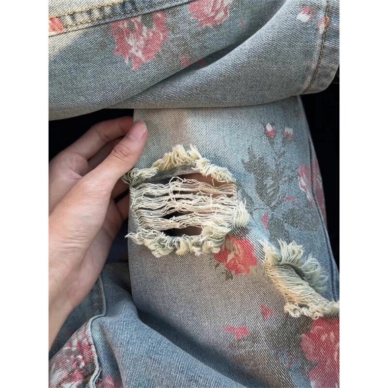 高街花卉破洞牛仔裤男款夏季显瘦裤子玫瑰满印直筒长裤NB154,男装牛仔裤,星座1116A（原606A-3）
