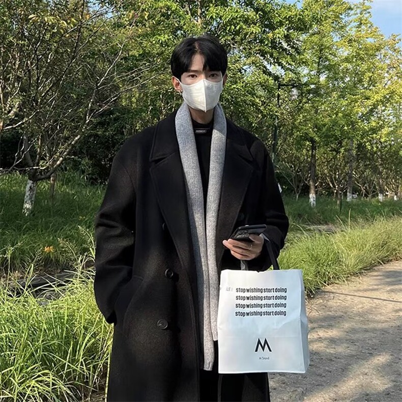 黑色毛呢大衣男中长款风衣高级感赫本风秋冬季德式戗驳领呢子外套,男装毛呢大衣,星座218-1（原230）