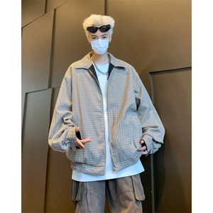 复古格纹肌理感宽松休闲两面穿夹克外套ins潮高级感开衫上衣服图片