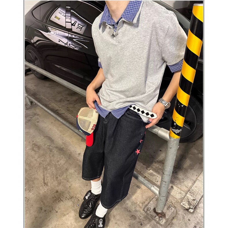 得物抖音高品质二开 夏季美式潮牌高街假两件格子衬衣翻领短袖T恤图片