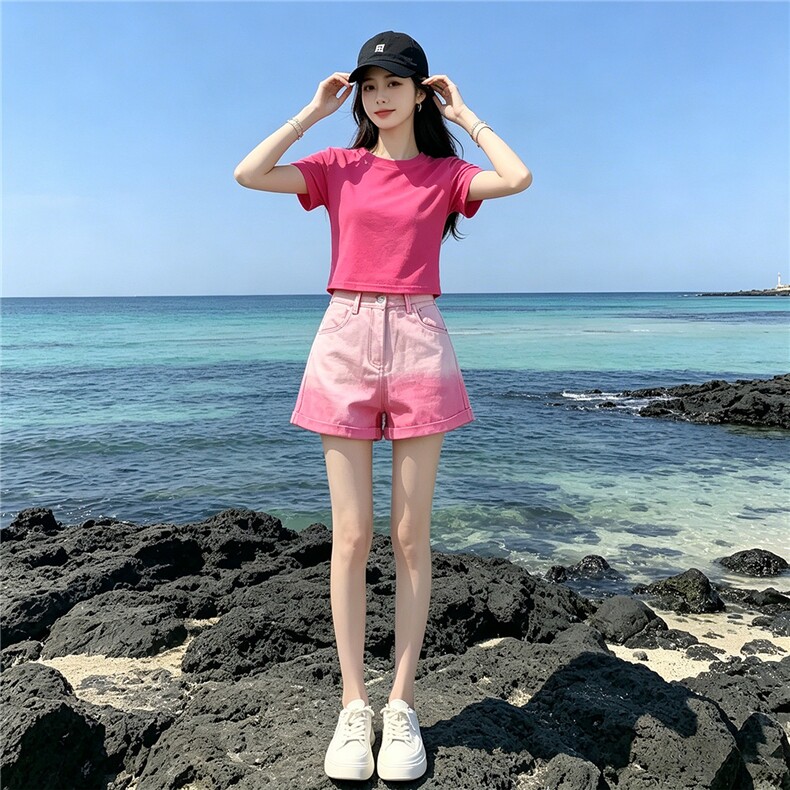 欧韩时尚潮流套装女夏新款玫红色圆领短袖上衣粉色牛仔短裤两件套,女装套装/套裙,江南