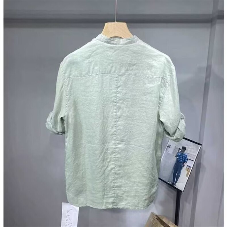 衬衫男夏季2025新款亚麻立领七分袖棉麻中袖宽松休闲痞帅男士衬衣,男装衬衫,星座1210-1