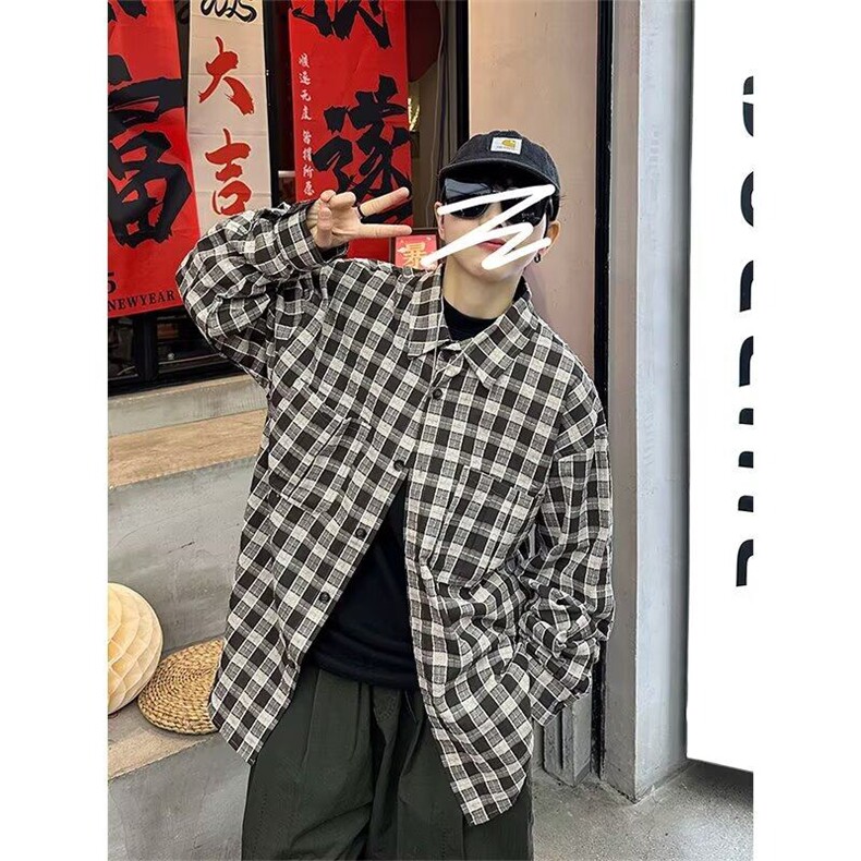 W9738-P48网图现货新款雅痞风衬衫外套宽松叠穿格子衬衣开衫,男装衬衫,星座1608-2