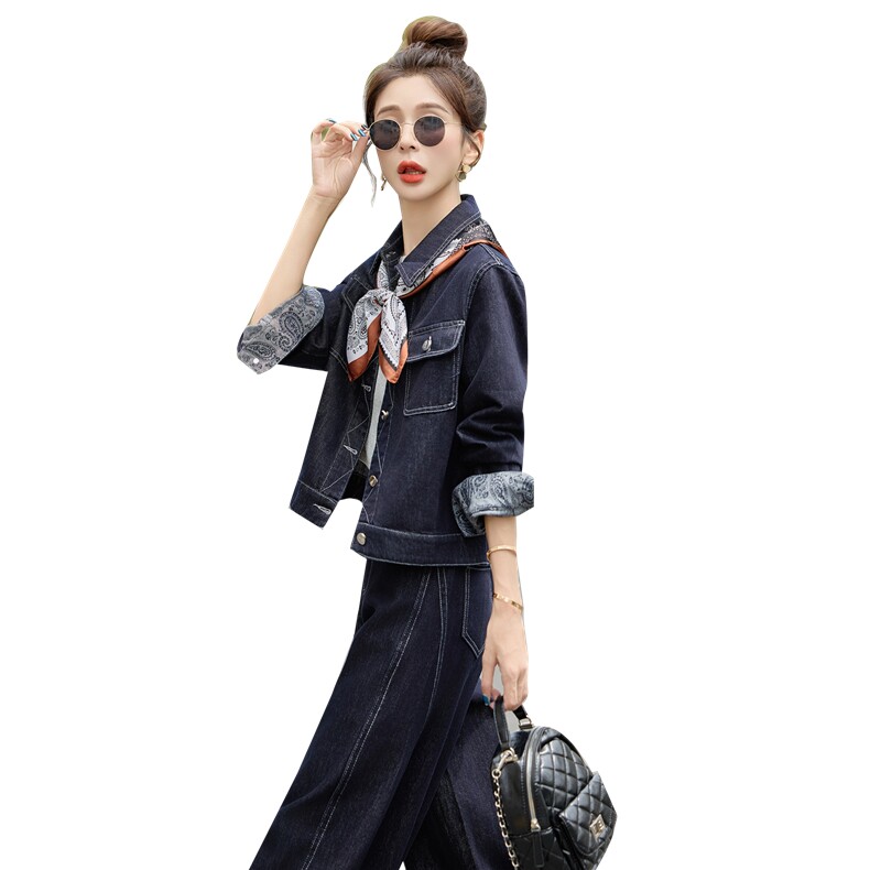 牛仔套装女2025秋新款高级感巨好看的超火休闲松弛感阔腿裤两件套,女装套装/套裙,浪花E族（衣布洛）