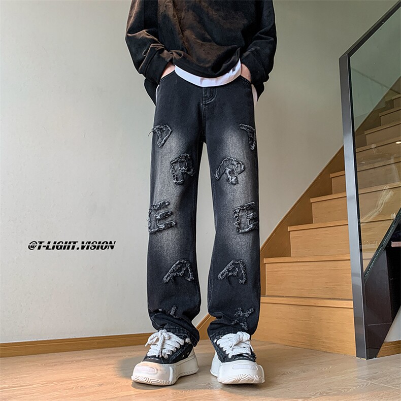 B221 美式ins高街小众立体毛边字母直筒牛仔裤 LK23025-P60 控78图片