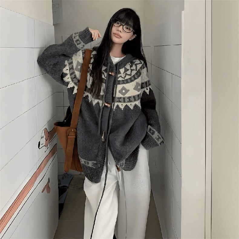 重磅秋冬北极绒开衫毛衣美式复古休闲慵懒风牛角扣针织衫连帽外套,男装针织衫/毛衣,电商A486-1