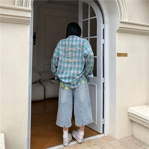 设计感珍珠挂饰撞色格子衬衫女春新款休闲百搭上衣外套CY1201-P48图片