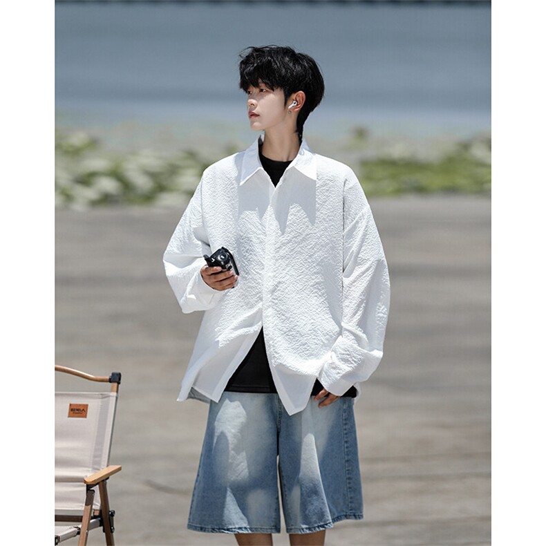 8XL-M泡泡纱盐缩肌理长袖衬衫男夏季冰丝外套防晒衬衣CS29007P40，男装衬衫，电商B312