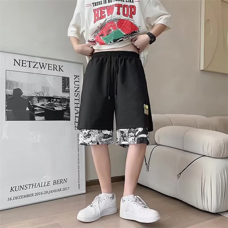 休闲短裤男韩版潮流假两件高街帅2023春夏季新款运动裤K3378-P30,男装休闲裤,星座412