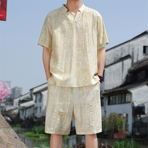 2025夏新款风男装新中式盘扣天丝提花套装短裤+短袖 A99-P115图片