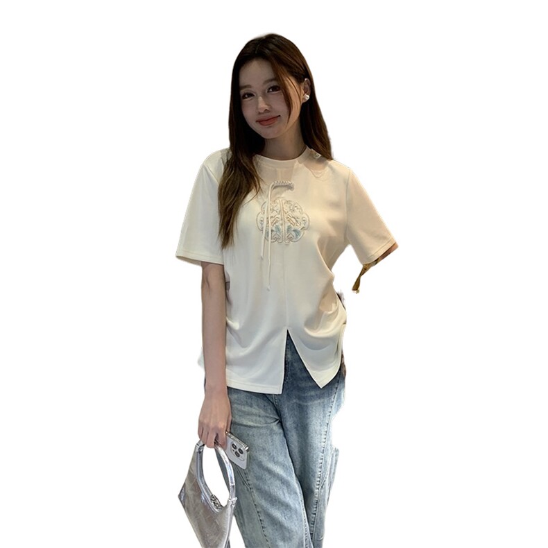 现货已出。2024夏季中式前片破缝下摆开叉绣花T恤P49-K75,女装T恤,慧峰