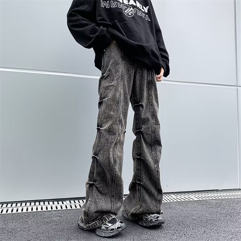 美式高街牛仔裤男韩版潮流褶皱帅2025秋季新款ins长裤RK1331-P51,男装牛仔裤,星座412-2