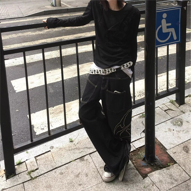 秋冬美式复古个性明线设计直筒牛仔裤美式宽松阔腿裤男女款,男装牛仔裤,星座506A